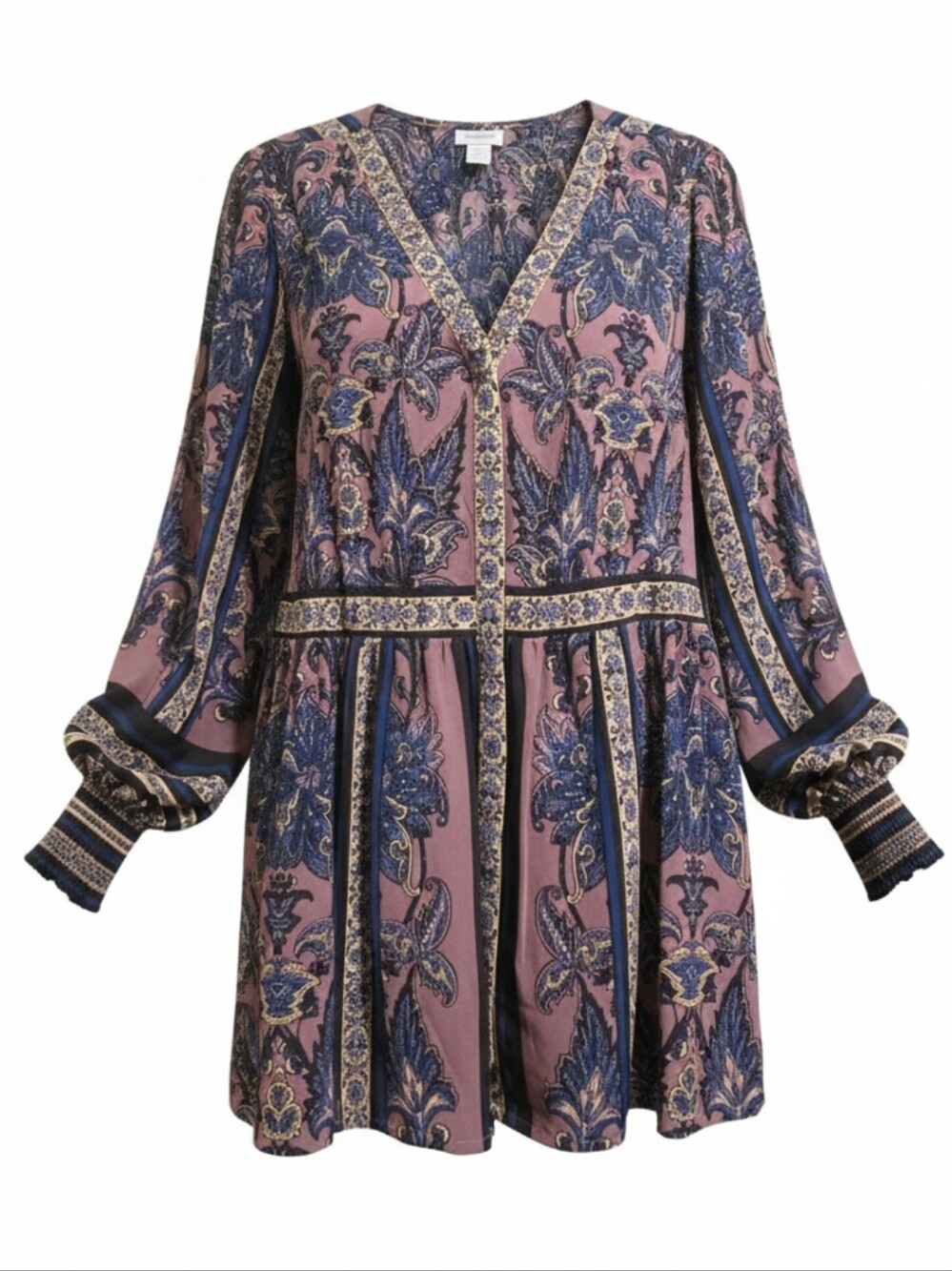 AVENUE Pink & Navy Paisley V-Neck Long Sleeve Blouse